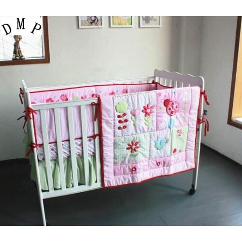Promotion! 4pcs embroidered Cot Sets Many Patterns Baby Bedding Set Cute Baby Bed Set ,include(bumper+duvet+bed cover+bed skirt)