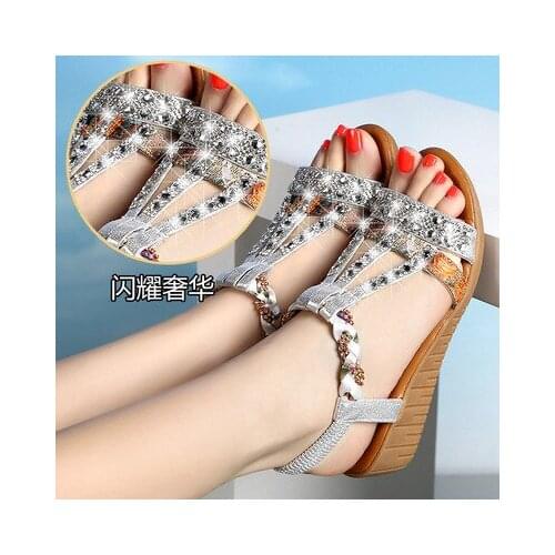 SZSGCN Womens Sandals Summer Bohemia Platform Wedges Shoes Crystal Gladiator Rome Woman Beach Shoes Casual Elastic Band Female