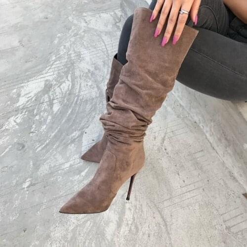 Hot Selling Gray Suede Pleated Tall Boots Loose Pointed Toe Thigh High Boots Stiletto Heel Women Dress Shoes Plus Size 10