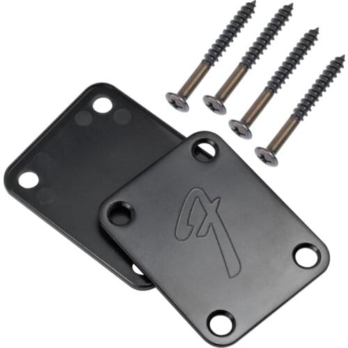 70s F Logo Strat/Tele 4-Bolt Chrome/Black Guitar Neck Plate Neckplate w/Screws P0RA