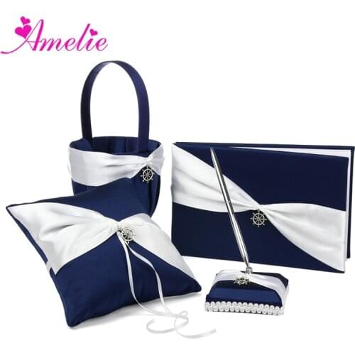 Handmade Navy Blue Color Beach Ocean Theme Wedding Ring Pillow Flower Basket Party Guest book Pen Holder set Wedding Gifts