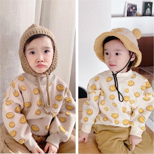 Autumn Winter New Toddler Kids Hoodies Korean Smiley Print Velvet Sweatshirt For Girls And Boys Baby High Quality Pullover 2-7 Y