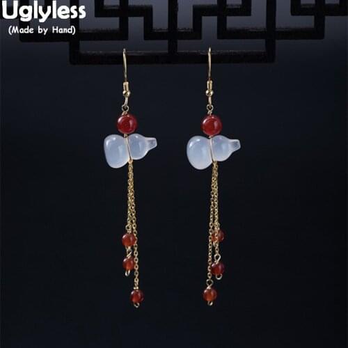 Uglyless 100% Real 925 Sterling Silver Ethnic Tassels Earrings for Women Chains Agate Dangle Earrings Chalcedony Gourd Brincos