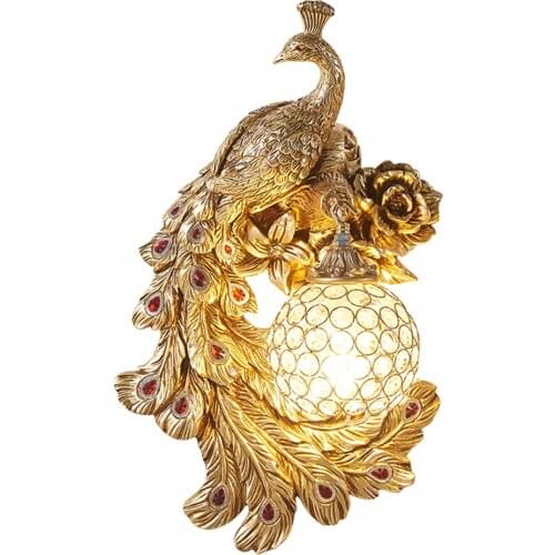 Vintage Art Deco Peacock Resin Wall Lamp Gold Vanity Luxury Bedroom Holiday Decorations for Home Wall Sconce Lamp Mirror Light