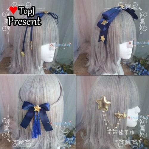 Lolita blue Handmade big bow star soft girl heart with rabbit hair circle KC hairpin Lolita headdress