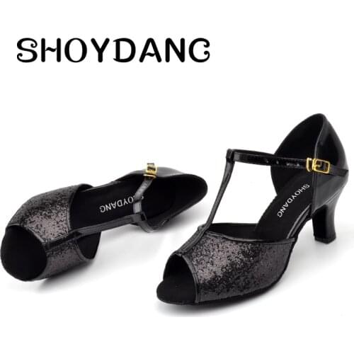 SHOYDANC Dancing Shoes Womens Professional Salsa Ballroom Tango Dance Shoes Black Sequins Latin Dance Shoes Heel 6-10cm
