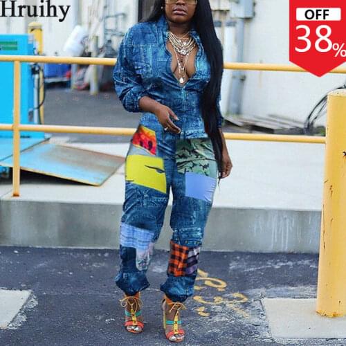 Jumpsuit Romper Long Sleeve Front Zipper Design Imitation Jean Streetwear Bodysuit Women Color Matching Plus Size Woman Overalls