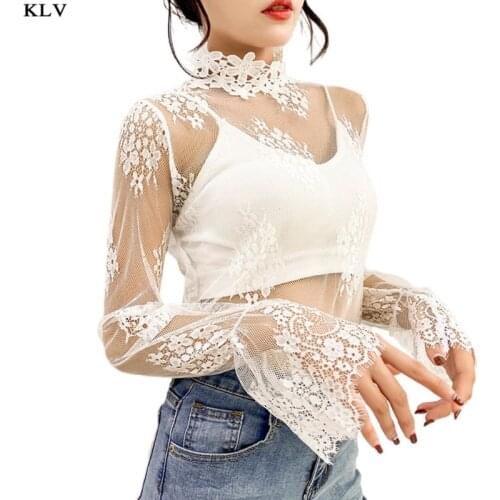 Women Tops Mock Neck Long Sleeve Mesh T-Shirt Floral Applique Eyelash Lace Pullover Sexy Hollow Out Crochet Clubwear