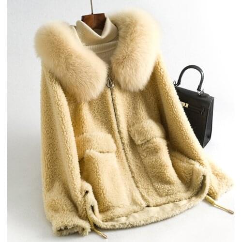 Real Wool Coat Female Sheep Shearling Coats Winter Jacket Women Fox Fur Collar Korean Pink Jackets Chaqueta Mujer MY