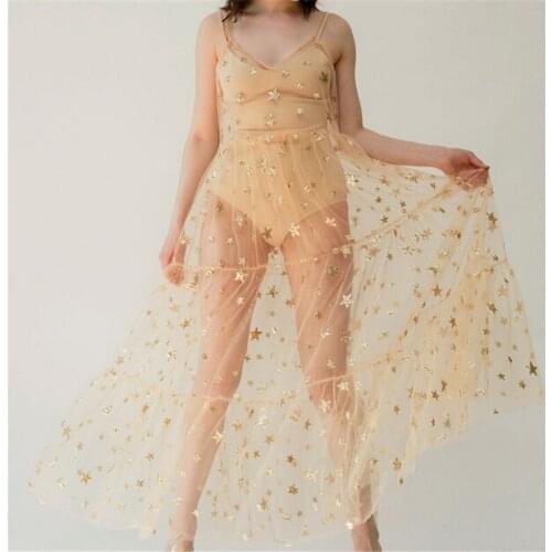 2019 New Spaghetti Straps Tulle Long Women Dresses Fashion Bling Bling See Through Dress Sexy Fashion Hot Sale Bikini Cover-up