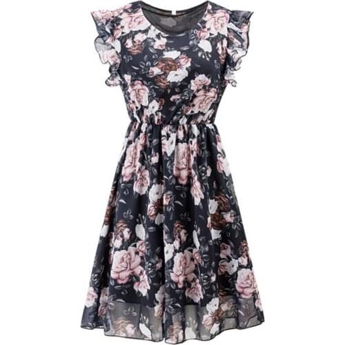 Womens Floral Print Chiffon Dress Layered Ruffles Sleeve Dress Women Round Neck Large Hem Casual Style Femme vestido de mujer