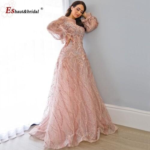 Luxury Dubai Evening Party Dress for Women 2021 Lantern Long Sleeves O Neck A-Line Beading Crystal Lace Formal Gowns
