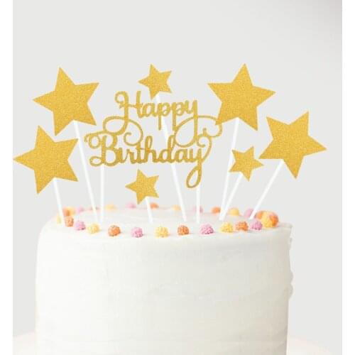 1Set Glitter Happy Birthday Cake Topper Gold Pink Heart Star Cake Top Flags Birthday Party Baby Shower Dessert Topper Decoration