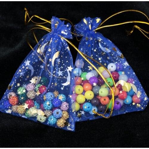 100pcs 9x12cm Drawable Organza Bags Star Moon Royal Blue color Wedding Christmas Gift Bag Jewelry Packaging Bags Pouches