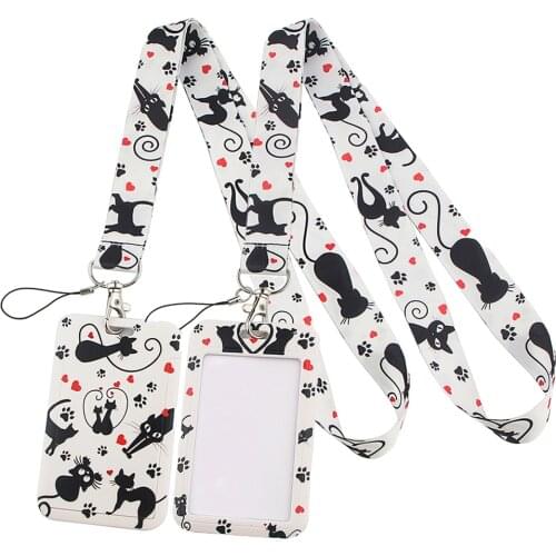 LT104 Black Cat Lanyard Credit Card ID Badge Holder Key Ring Bag Student Women Travel Bank Bus Business Card Cover Keychain