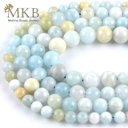 Natural Stone Beads 6mm-10mm Gem Aquamarines Round Spacer Beads for Jewelry Making Diy Bracelet Necklace Accessories 15"