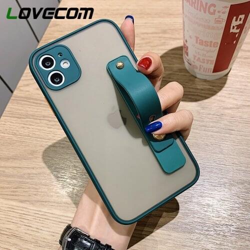 LOVECOM Camera Protection Wristband Holder Phone Case For iPhone 12 11 Pro Max XR X XS Max 7 8 Plus Soft TPU + PC Phone Cover