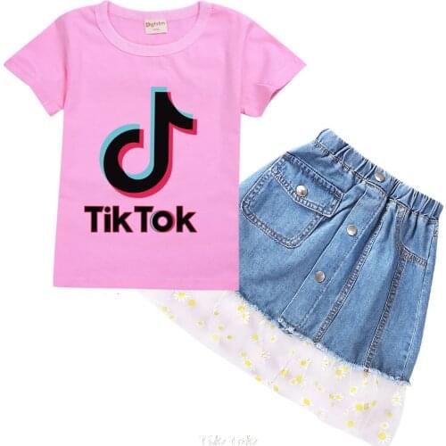 Tik Tok Girl Clothing Sets Kids New Clothes Baby Girl Flying Sleeve Cotton T Shirt+jeans Skirt 2Pcs Sets Children Casual Outfits