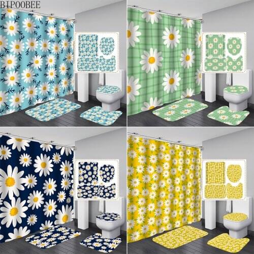 Colorful Flower Bathroom Curtain Waterproof Polyester Shower Curtains Frangipani Anti-slip Bath Mat Set Toilet Rugs Carpet