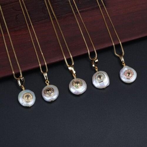 Tiny cz paved coin disc evil eye protection charm freshwater pearl bead chic gold link chain pendant choker necklaces for women