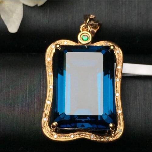 Topaz Pendant Fine Jewelry Pure 18 K Gold Jewelry 100% Natural Blue Topaz Gemstone Pendant Necklace For Women Fine Pendants