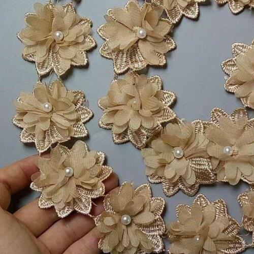 1 yard Gold Polyester Pearl Flower Embroidered Lace Trim Ribbon Fabric Handmade DIY Garment Wedding Dress Sewing Craft
