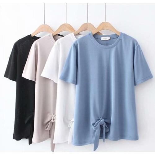 Summer T-Shirt Women Clothes Tees 2021 Casual Plus Size Tops Short Sleeve O Neck Bowknot Camiseta Mujer
