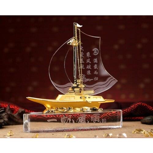 TOP GOOD Desk Business Decorative art Talisman -ALL GOOD LUCK crystal Sailboat FENG SHUI Mascot Sculpture statue