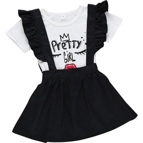 New 2Pcs Baby Girls Summer Outfits Short Sleeve Cartoon Letter Print T-Shirt + Suspender Skirt Set