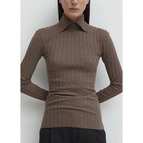 2020 Autumn and Winter Long-sleeved Lapel Vertical Striped Knitted Pullover Casual Versatile Slimming Base Sweater