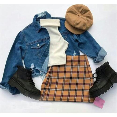 Lioraitiin 1-6Years Toddler Baby Girl 2Pcs Autumn Outfit Solid Ribbed High-Neck Sleeveless Crop Tops Plaid Short Skirt