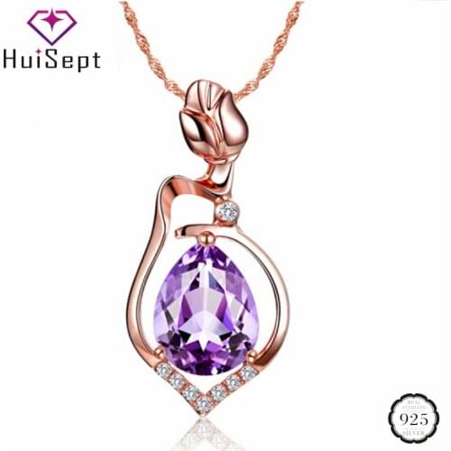 HuiSept Fashion 925 Silver Necklace Water Drop Shaped Amethyst Zircon Pendant for Female Ornaments Wedding Party Gifts Rose Gold