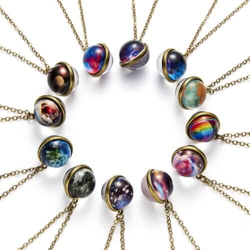 Solar System Planet Necklace Double Side Glass Cosmic Nebula Pattern Pendant Necklace For Men Women Valentines Day Gift