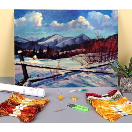 Landscape Winter Printed Fabric 11CT Cross Stitch Full Kit DIY Embroidery DMC Threads Hobby Needlework Painting Adults
