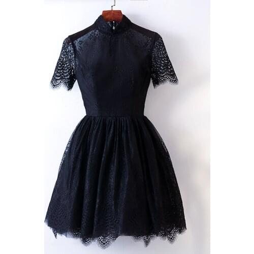 Sexy Black Lace Party Dress Cocktail Gowns High Neck Short Sleeves Zipper Back