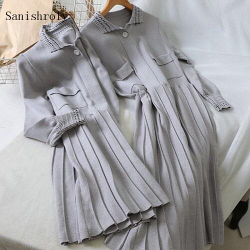 Sanishroly Autumn Winter Women Long Sweater Dress A-Line Knitted Dresses Female Long Sleeve Pleated Shirt Dress Vestidos SE834
