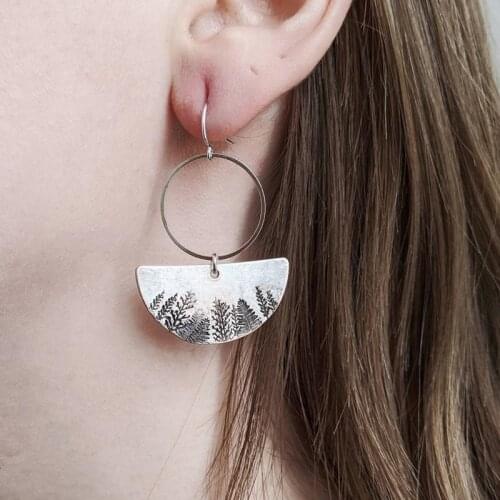 Simplicity Semicircle Shape Surface Trees Pattern Metal Material Big Circle Ring Pendant Earring