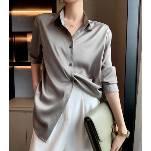 Satin Solid Women Shirts Summer New 2021 Loose Elegant Office Lady Work Blouse Outwear Coats Tops