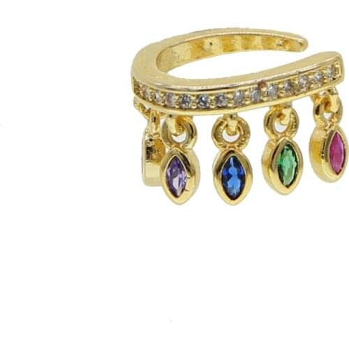 High quality gold color micor pave cz rainbow colorful green blue red white drip CZ no piercing ear cuff earring 1 piece