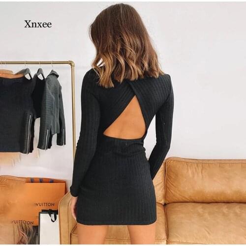Missnight Knitted Sweater Dress Backless Hollow Out Sexy Dresses for Women Mini Bodycon Dress Long Sleeve Turtleneck Streetwear
