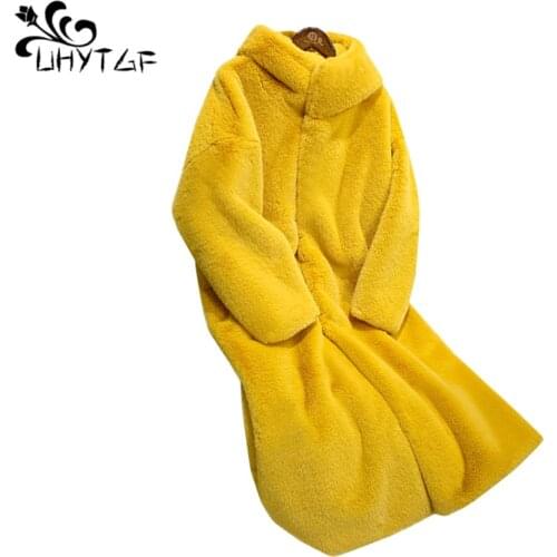 UHYTGF High quality Imitation mink Winter fur coat Rex rabbit hair Hooded elegant warm fur jacket Casual long coat plus size 310