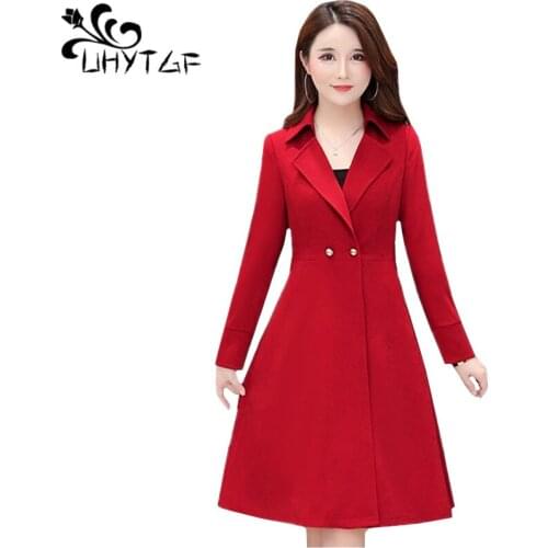 UHYTGF female trench coat Mid-length Korean elegant autumn Windbreaker women lapel Slim long coat Plus Size top abrigo mujer 739