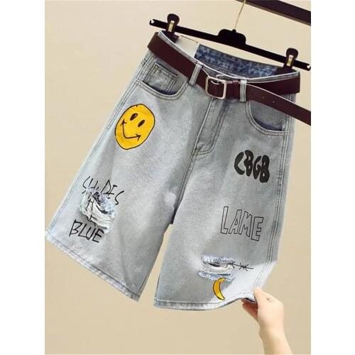 Summer Smile Jeans Shorts Women Harajuku Straight Loose Short Womens Leisure Couple Korean Ulzzang Trendy Street Summer Jeans
