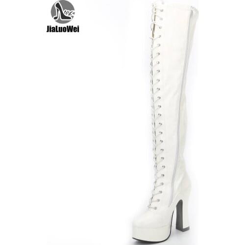 2021 New Arrive 12CM High Block Heel Platform Cross-tied Zip Over-the-Knee PU Leather Ladies Sexy Long Boots