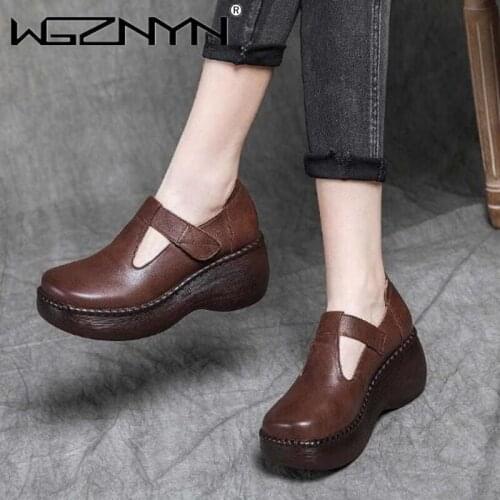 2021 New Spring/Autumn Genuine PU Leather Round Toe Casual Retro Hook & Loop Platform Women Shoes Sneaker Pumps Zapatillas Mujer