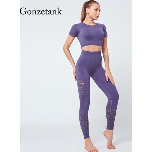 Women Seamless Yoga Suit Pants Leggings Gym Cloth Workout Set Short Sleeve Shirts High Waist Running Tracksuit Active Wear Solid
