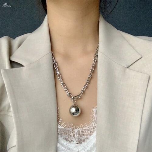 AOMU 2020 New Trendy Exaggerate Punk Thick Chain Necklace Round Ball Pendant Necklace Sweater Chain For Women Men Jewelry