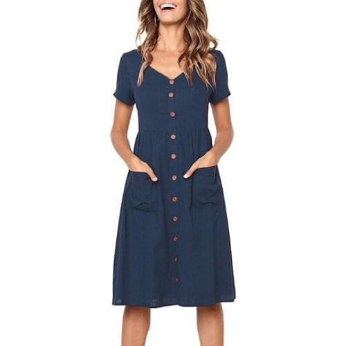 Fashion V-neck Pocket Short Sleeve Summer Dress Women 2020 Single-breasted Midi Dress For Women Summer Clothes For Women