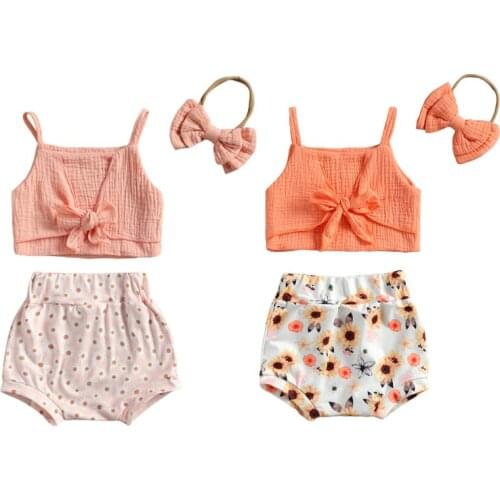 0-24M 3Pcs Summer Fashion Clothing Set Toddler Baby Girl Sleevless Bow Vest Top Floral Printed Shorts 2Styles