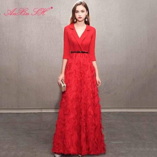 AXJFU princess red satin v neck evening dress luxury party v neck half sleeve black bow white feather black evening dress